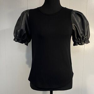 Mittoshop Top | Puff Sleeve Faux Leather | Black Ribbed Knit | Size S
